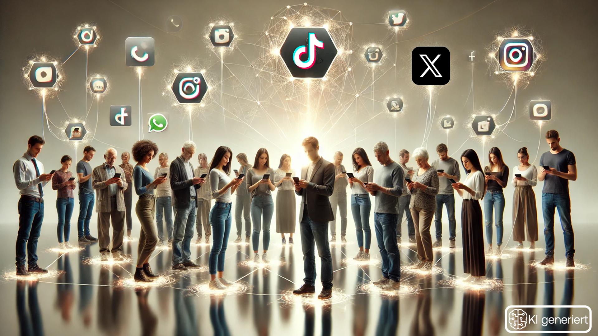 Ein Bild einer Gruppe Menschen, die in digitale Endgeräte schauen und über deren Köpfen Icons sozialer Netzwerke schweben
