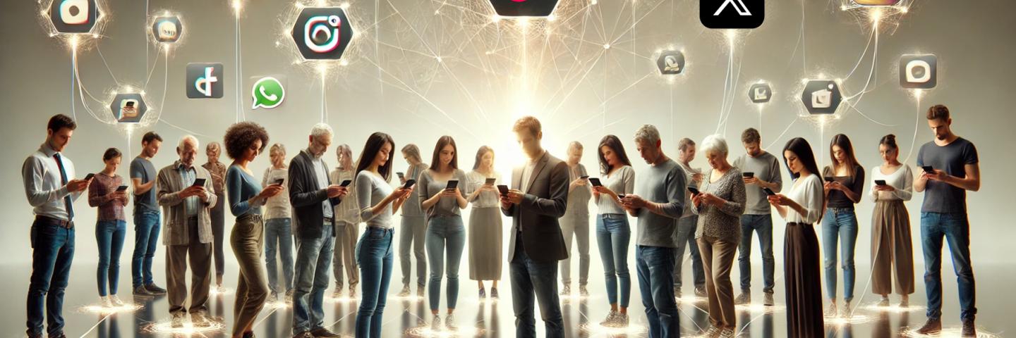 Ein Bild einer Gruppe Menschen, die in digitale Endgeräte schauen und über deren Köpfen Icons sozialer Netzwerke schweben