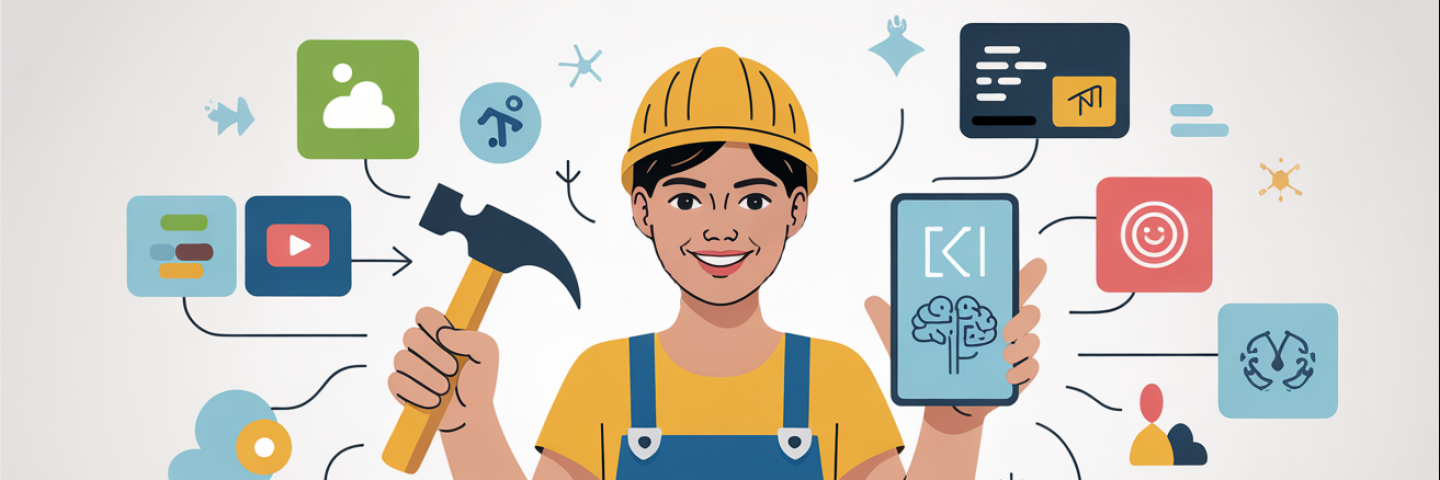 Illustration einer freundlichen Handwerkerin mit gelbem Helm und blauer Latzhose. In der einen Hand hält sie einen Hammer, in der anderen ein Smartphone mit KI-Symbol. Um sie herum sind verschiedene Icons angeordnet, darunter Cloud, Video, Kamera, Datenanalyse, Gesundheitssymbol und Nutzerprofile, die digitale Anwendungen und Technologien darstellen. Die Darstellung verbindet Handwerk mit digitalen und KI-gestützten Werkzeugen.