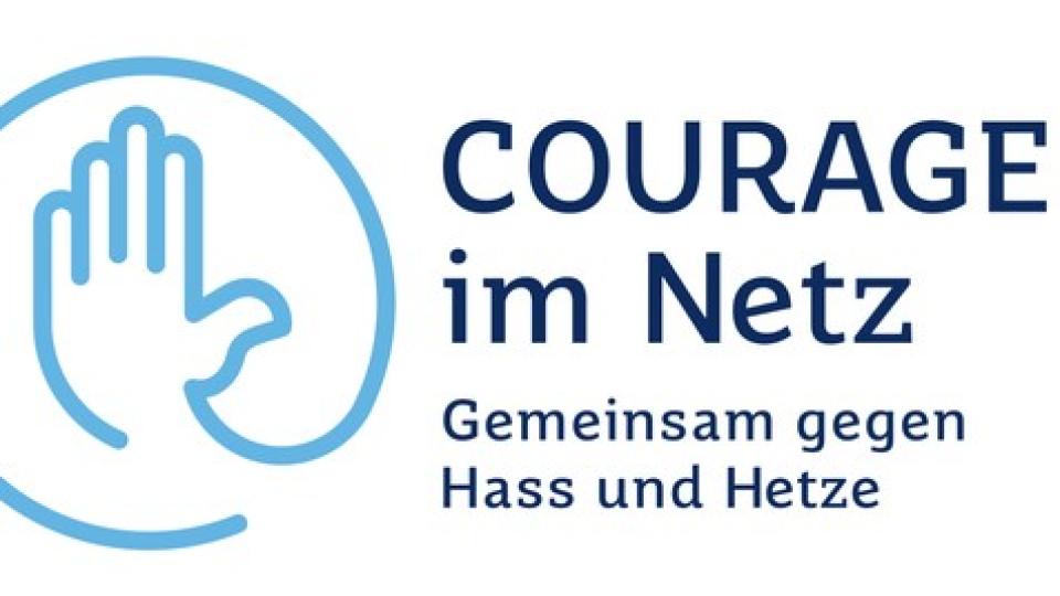 Gütesiegel von Courage im Netz: Eine Hand, die Stopp zeigt