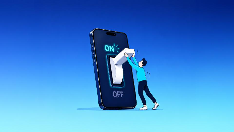 Illustration eines Smartphones mit einem großen Ein-/Aus-Schalter auf dem Display. Eine gezeichnete Person schiebt den Schalter auf ‚Ein‘.
