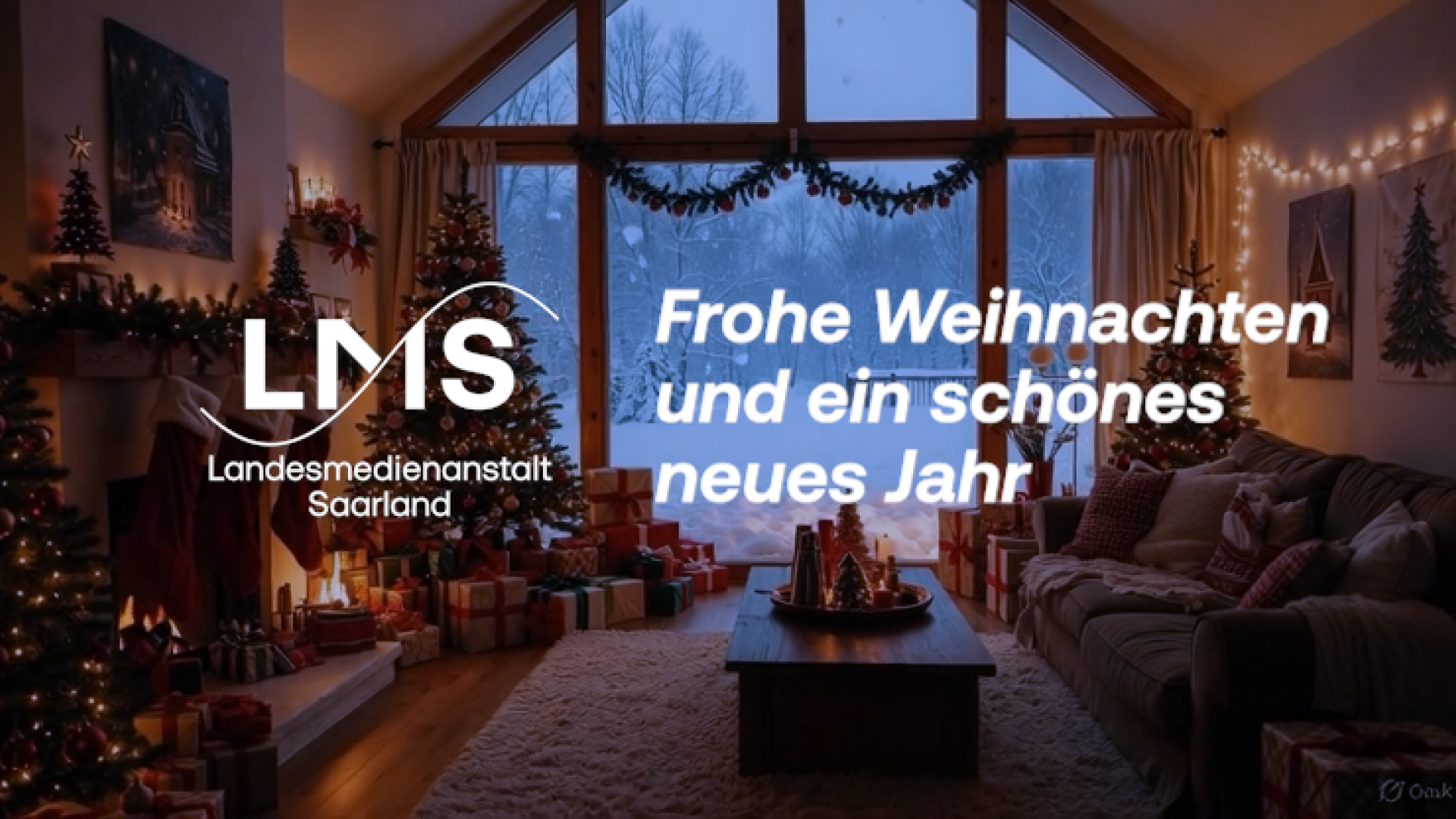 Stimmungsvolle Kaminszene mit dem Text "Frohe Weihnachten und ein schönes neues Jahr"